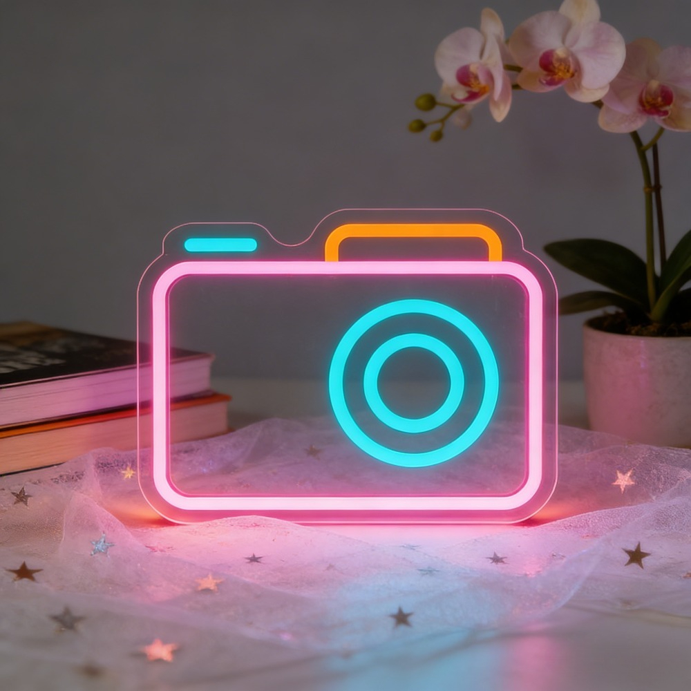 Desk Setup Photography - Neonowy znak LED z motywem aparatu