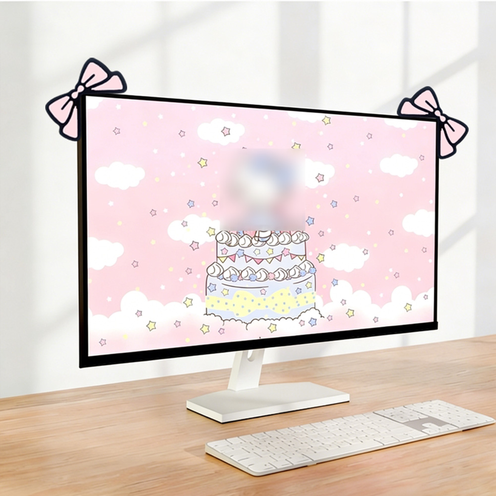 Desk Setup With Laptop And Monitor - Urocza Różowa Kokardka Dekoracja Monitora Kawaii