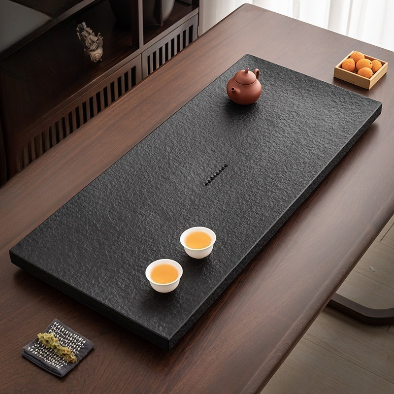 Desk Setup At Home - Naturalna czarna kamienna taca do herbaty,
